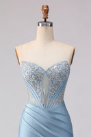 Load image into Gallery viewer, Sky Blue Mermaid Satin Corset Beaded Strapless Long Prom Dress