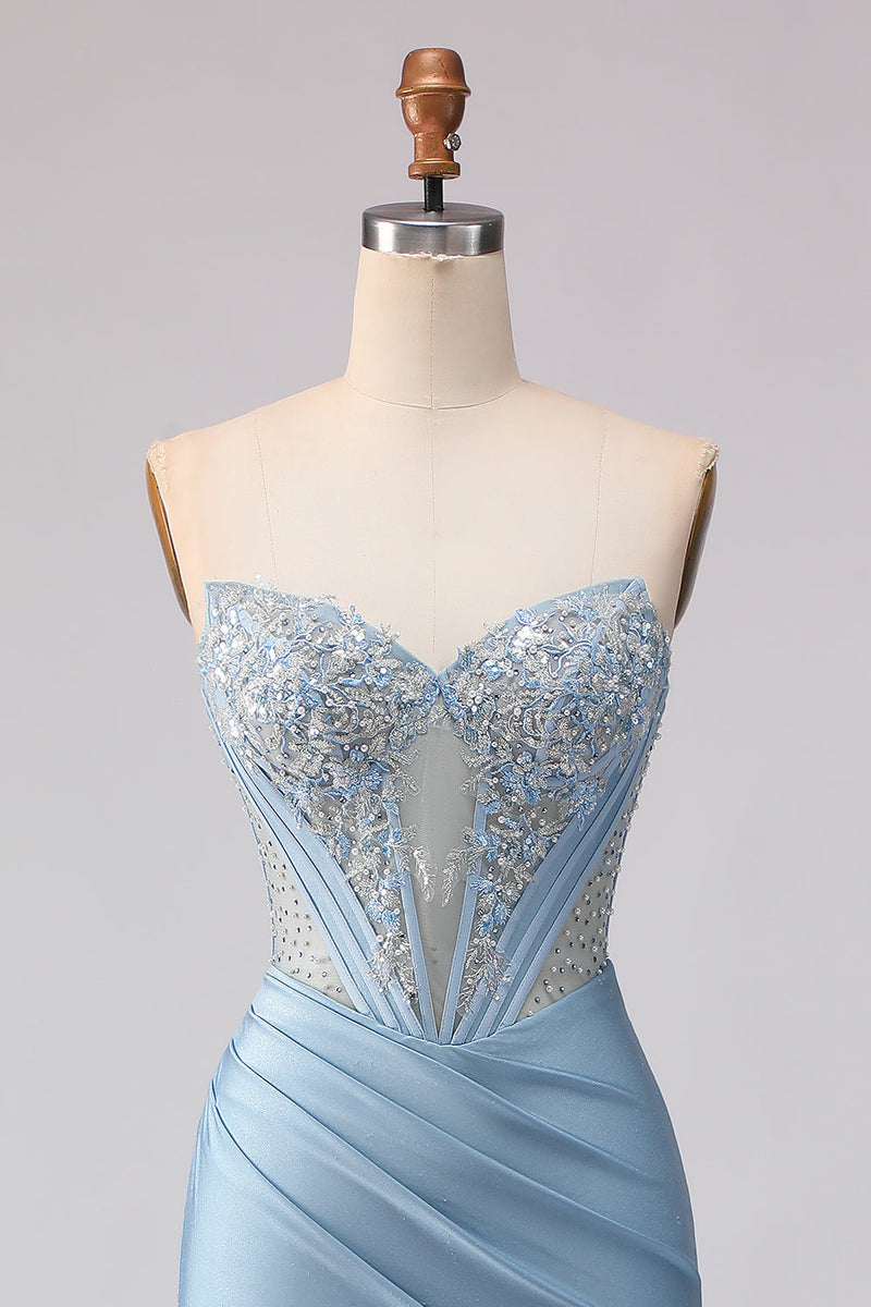 Load image into Gallery viewer, Sky Blue Mermaid Satin Corset Beaded Strapless Long Prom Dress