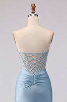 Load image into Gallery viewer, Sky Blue Mermaid Satin Corset Beaded Strapless Long Prom Dress