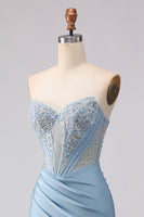 Load image into Gallery viewer, Sky Blue Mermaid Satin Corset Beaded Strapless Long Prom Dress