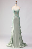 Load image into Gallery viewer, Floral Light Green Corset Mermaid Beaded Long Prom Dress with Ruffles