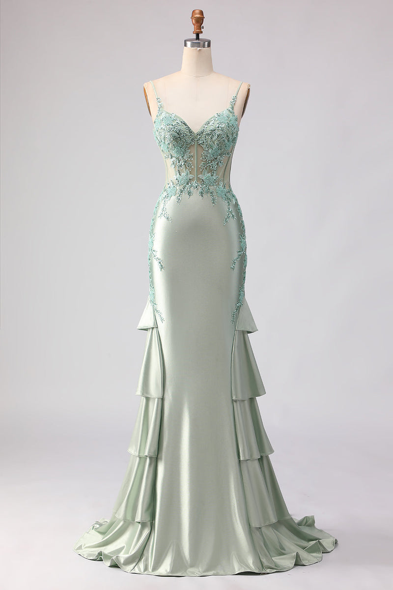 Load image into Gallery viewer, Floral Light Green Corset Mermaid Beaded Long Prom Dress with Ruffles
