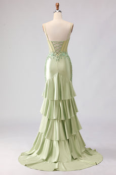 Floral Light Green Corset Mermaid Beaded Long Prom Dress with Ruffles