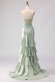 Floral Light Green Corset Mermaid Beaded Long Prom Dress with Ruffles