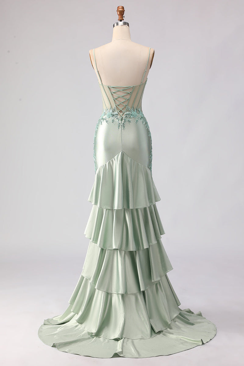 Load image into Gallery viewer, Floral Light Green Corset Mermaid Beaded Long Prom Dress with Ruffles