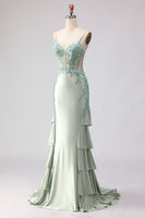 Load image into Gallery viewer, Floral Light Green Corset Mermaid Beaded Long Prom Dress with Ruffles