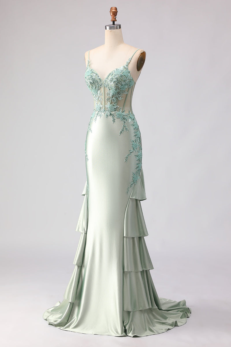 Load image into Gallery viewer, Floral Light Green Corset Mermaid Beaded Long Prom Dress with Ruffles