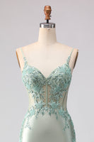 Load image into Gallery viewer, Floral Light Green Corset Mermaid Beaded Long Prom Dress with Ruffles