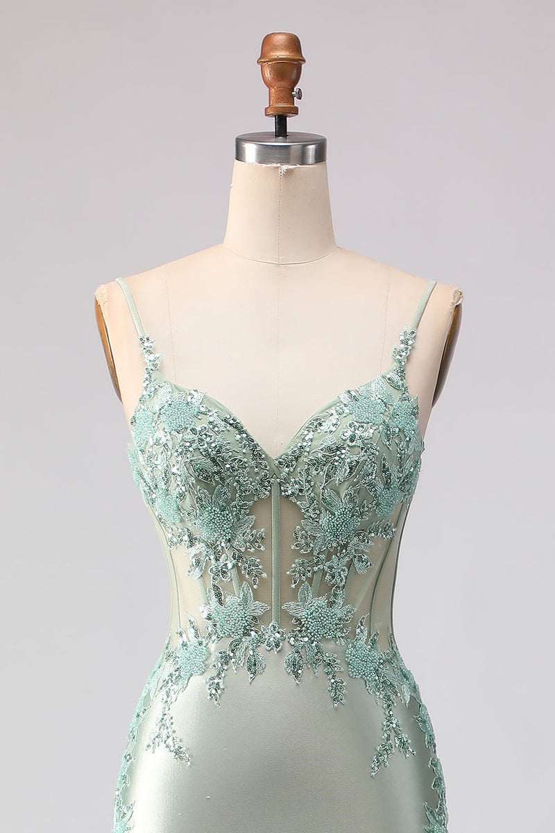 Load image into Gallery viewer, Floral Light Green Corset Mermaid Beaded Long Prom Dress with Ruffles