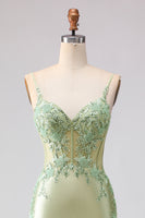 Load image into Gallery viewer, Floral Light Green Corset Mermaid Beaded Long Prom Dress with Ruffles