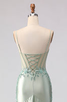 Load image into Gallery viewer, Floral Light Green Corset Mermaid Beaded Long Prom Dress with Ruffles