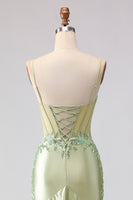 Load image into Gallery viewer, Floral Light Green Corset Mermaid Beaded Long Prom Dress with Ruffles