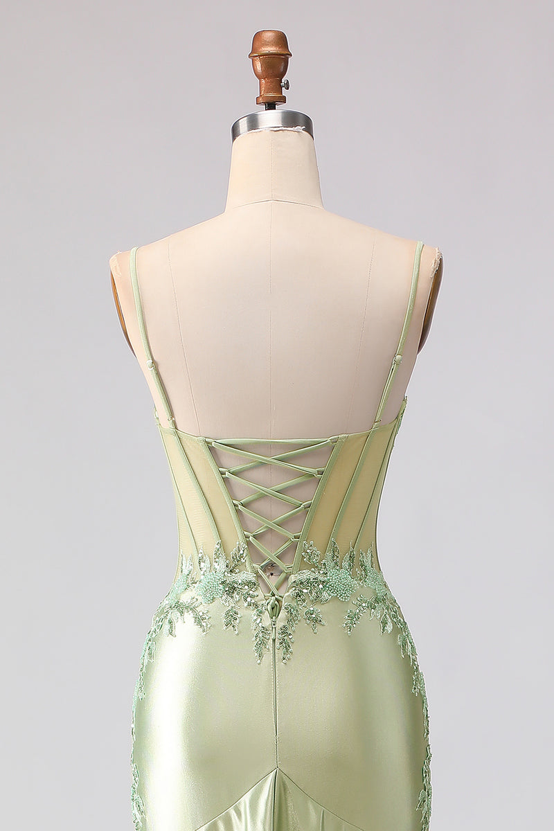 Load image into Gallery viewer, Floral Light Green Corset Mermaid Beaded Long Prom Dress with Ruffles
