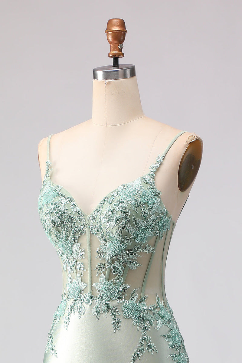 Load image into Gallery viewer, Floral Light Green Corset Mermaid Beaded Long Prom Dress with Ruffles