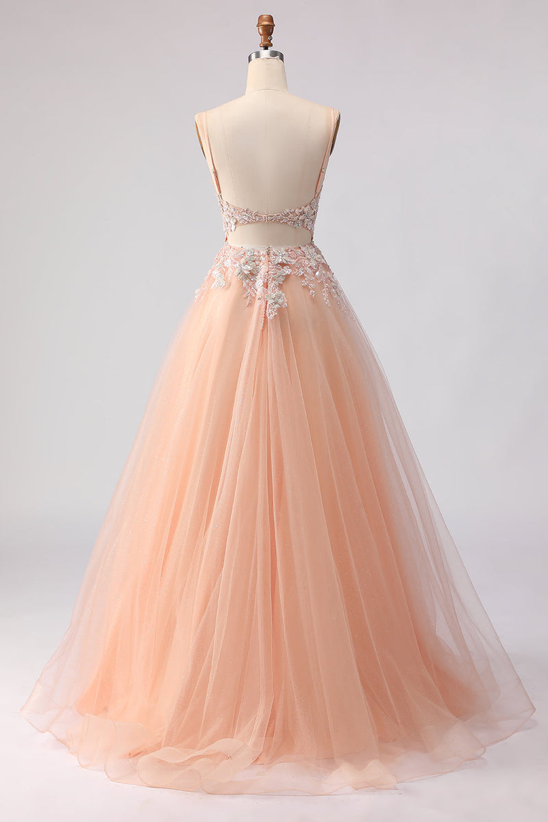 Load image into Gallery viewer, Floral Peach A Line Corset Tulle Long Prom Dress with Beading