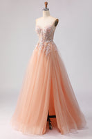 Load image into Gallery viewer, Floral Peach A Line Corset Tulle Long Prom Dress with Beading