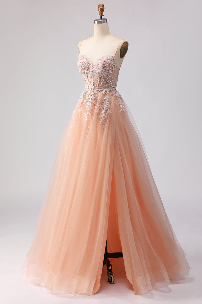 Load image into Gallery viewer, Floral Peach A Line Corset Tulle Long Prom Dress with Beading