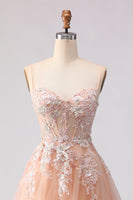 Load image into Gallery viewer, Floral Peach A Line Corset Tulle Long Prom Dress with Beading