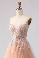 Load image into Gallery viewer, Floral Peach A Line Corset Tulle Long Prom Dress with Beading