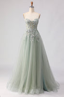 Load image into Gallery viewer, Floral Peach A Line Corset Tulle Long Prom Dress with Beading