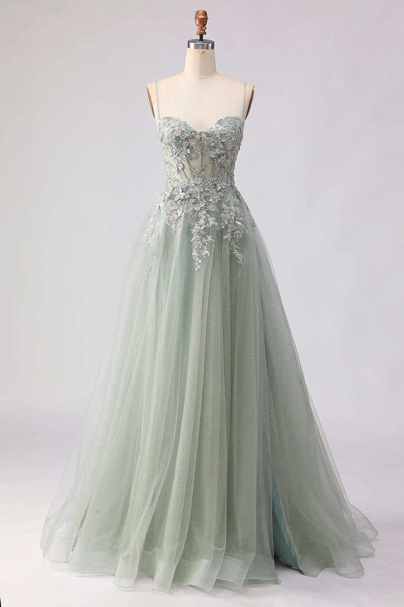 Load image into Gallery viewer, Floral Sage Green Tulle Lace Corset Beaded Long Prom Dress with Slit