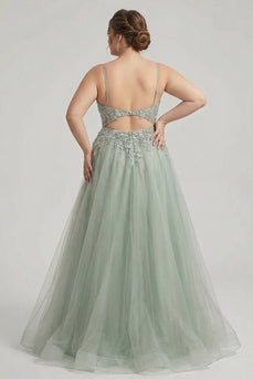 Floral Sage Green Plus Size Corset Tulle Lace Beaded Long Prom Dress with Slit