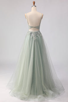 Floral Sage Green Tulle Lace Corset Beaded Long Prom Dress with Slit