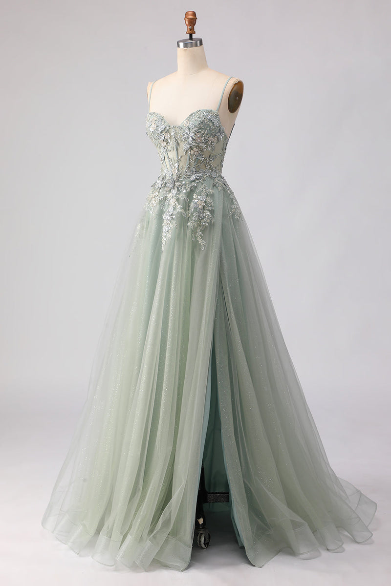 Load image into Gallery viewer, Floral Peach A Line Corset Tulle Long Prom Dress with Beading