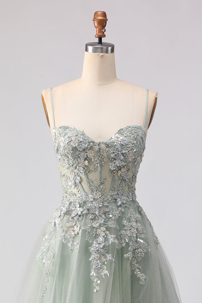 Load image into Gallery viewer, Floral Sage Green Tulle Lace Corset Beaded Long Prom Dress with Slit
