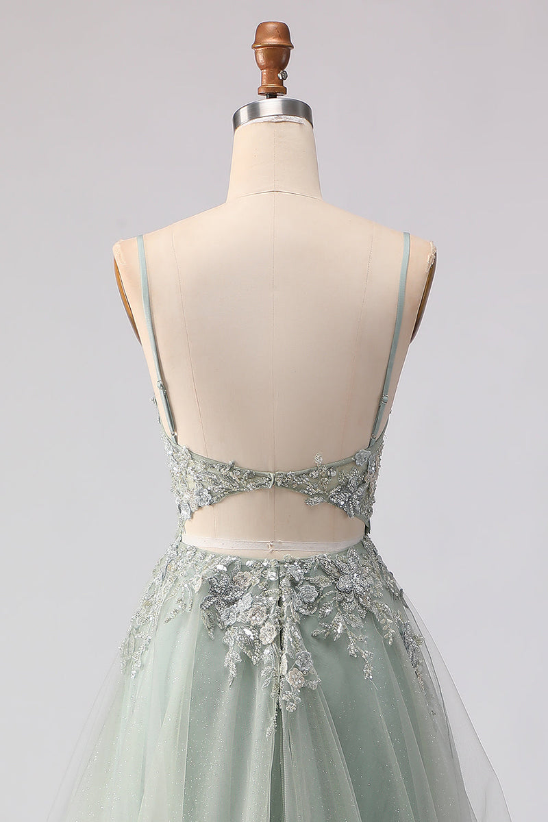 Load image into Gallery viewer, Floral Sage Green Tulle Lace Corset Beaded Long Prom Dress with Slit