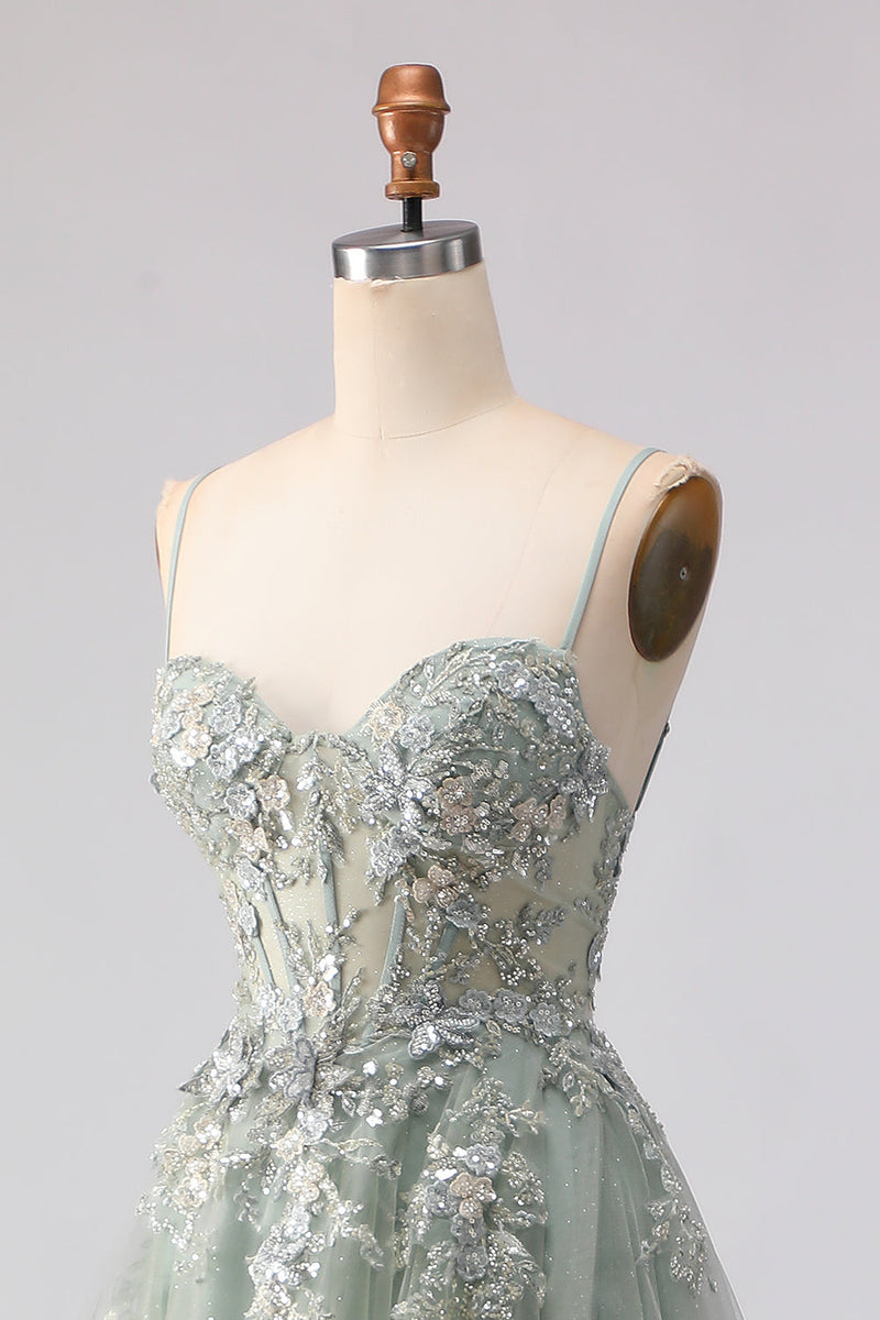 Load image into Gallery viewer, Floral Sage Green Tulle Lace Corset Beaded Long Prom Dress with Slit