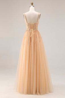 Sparkly Peach A Line Beaded Tulle Long Prom Dress
