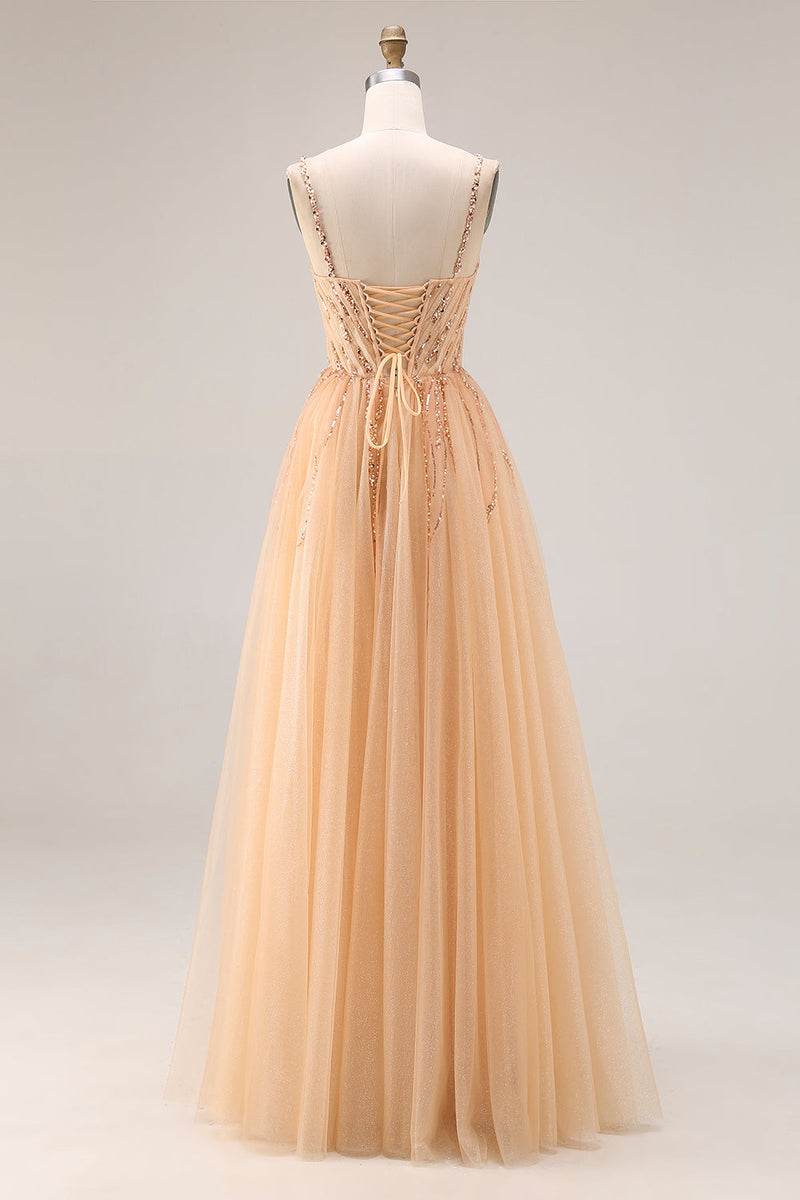 Load image into Gallery viewer, Sparkly Peach A Line Beaded Tulle Long Prom Dress