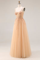 Load image into Gallery viewer, Sparkly Peach A Line Beaded Tulle Long Prom Dress