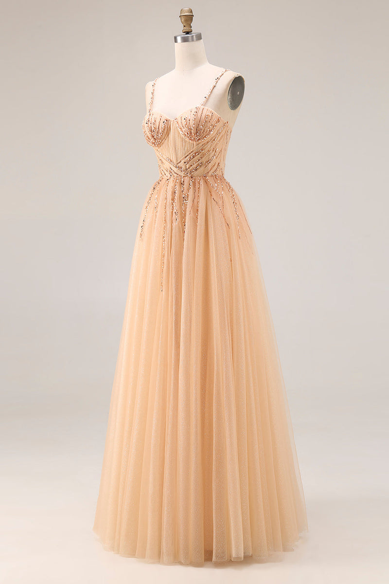 Load image into Gallery viewer, Sparkly Peach A Line Beaded Tulle Long Prom Dress