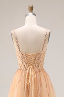 Load image into Gallery viewer, Sparkly Peach A Line Beaded Tulle Long Prom Dress