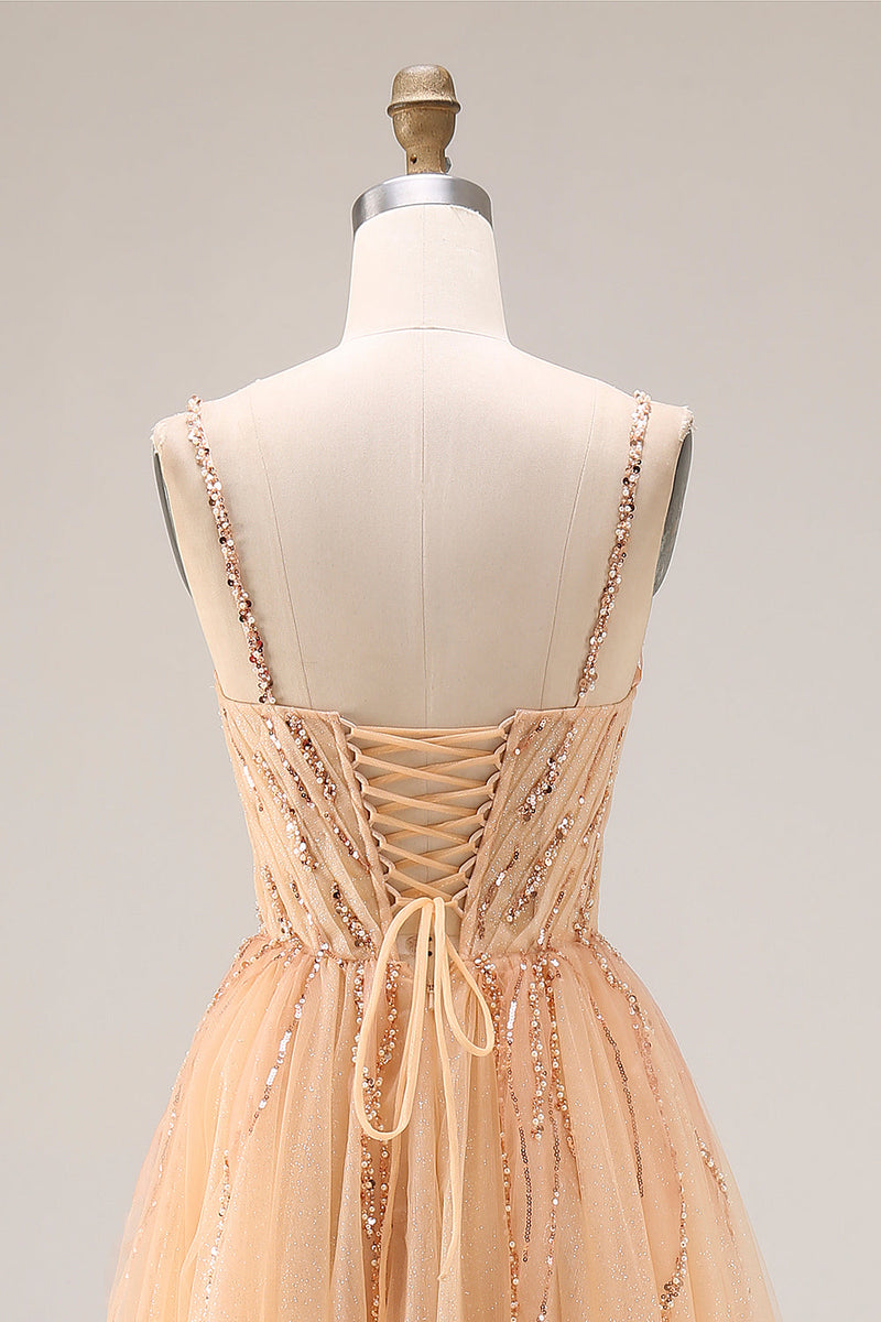 Load image into Gallery viewer, Sparkly Peach A Line Beaded Tulle Long Prom Dress