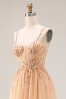 Load image into Gallery viewer, Sparkly Peach A Line Beaded Tulle Long Prom Dress
