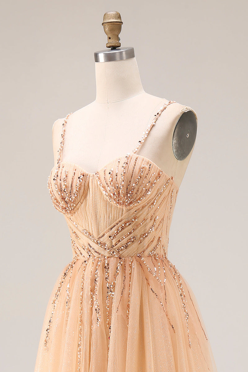 Load image into Gallery viewer, Sparkly Peach A Line Beaded Tulle Long Prom Dress