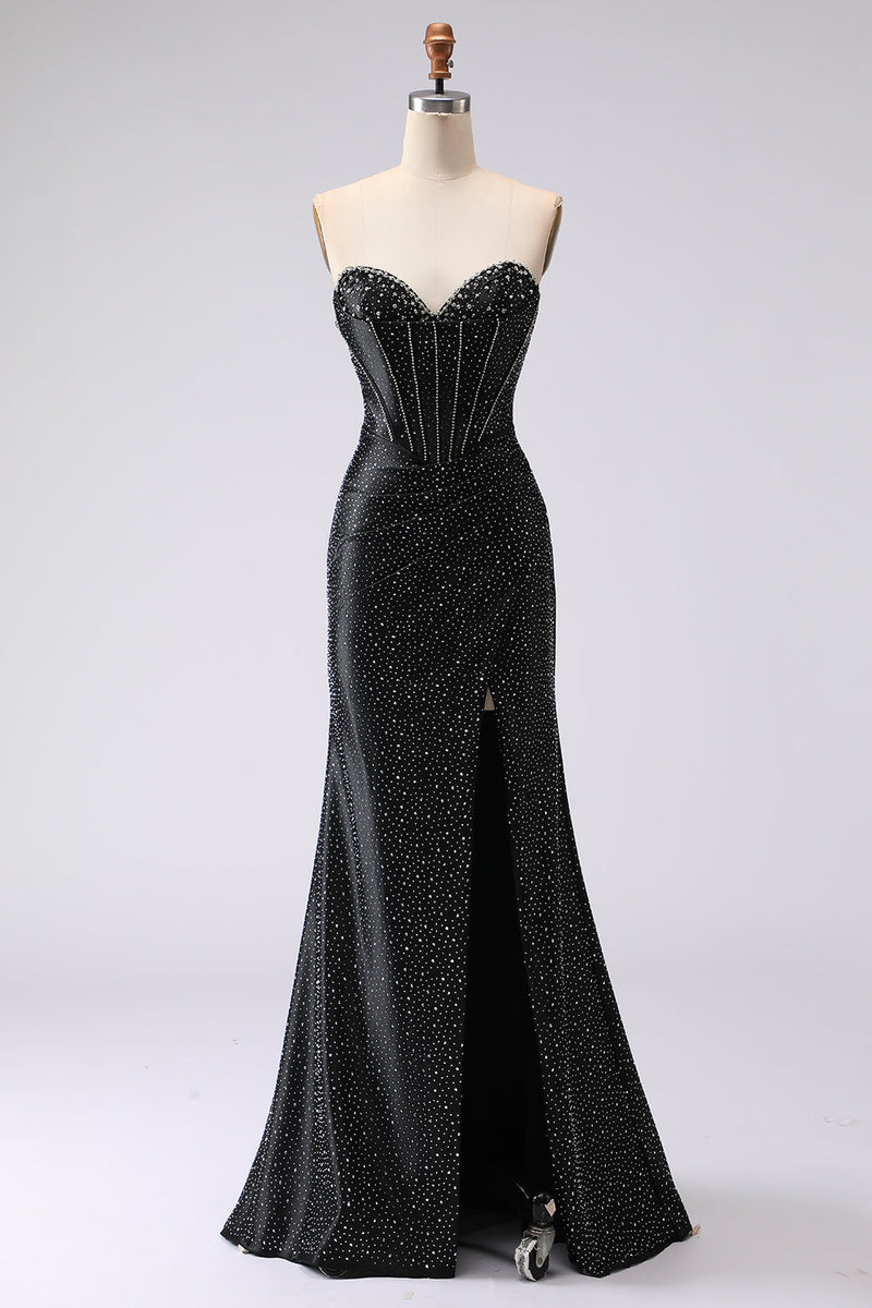 Load image into Gallery viewer, Sparkly Black Mermaid Sweetheart Beaded Long Corset Prom Dress