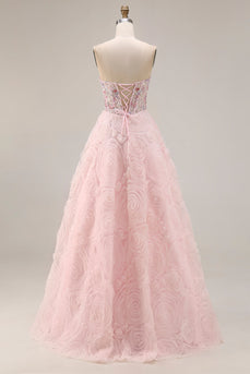 Sparkly Floral Pink A Line Beaded Tulle Long Corset Prom Dress
