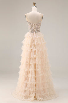 Sparkly Apricot A Line Beaded Tiered Long Corset Prom Dress with Slit