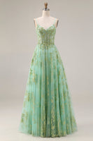 Load image into Gallery viewer, Sparkly Floral Green Corset A Line Spaghetti Straps Long Prom Dress