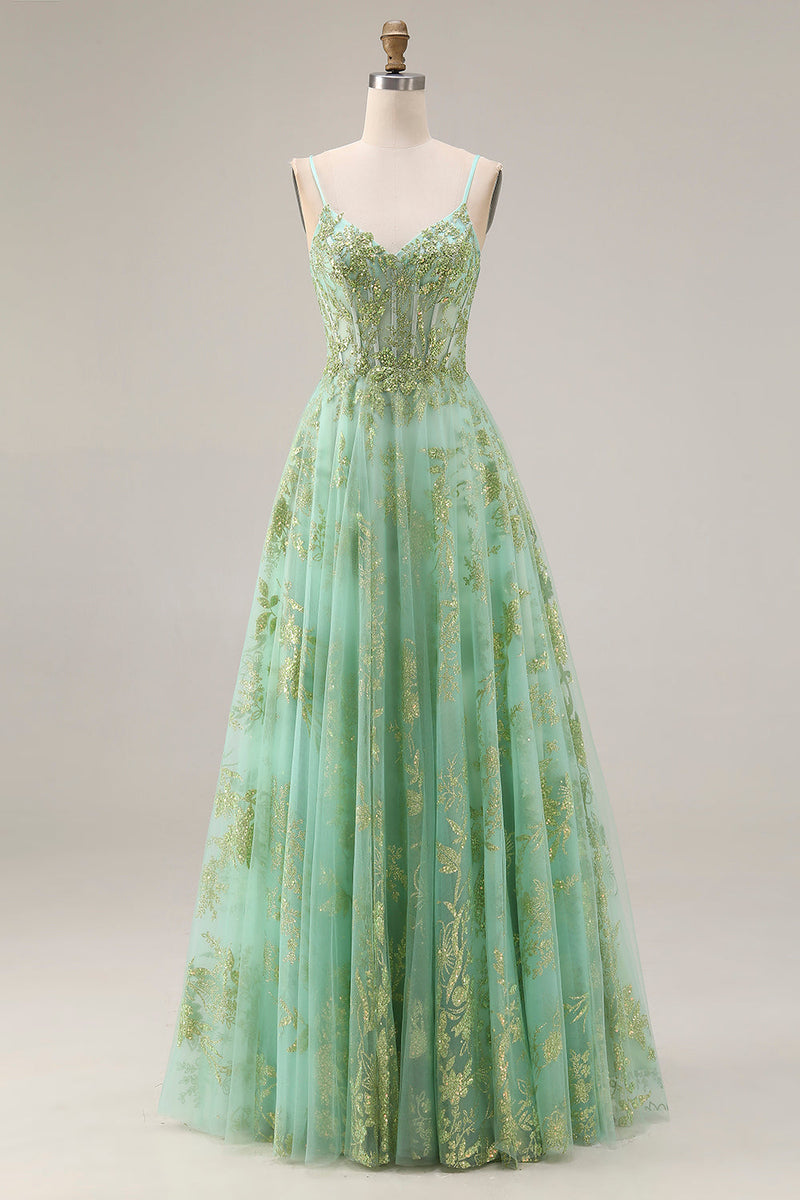 Load image into Gallery viewer, Sparkly Floral Green Corset A Line Spaghetti Straps Long Prom Dress