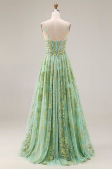 Sparkly Floral Green Corset A Line Spaghetti Straps Long Prom Dress