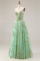 Load image into Gallery viewer, Sparkly Floral Green Corset A Line Spaghetti Straps Long Prom Dress