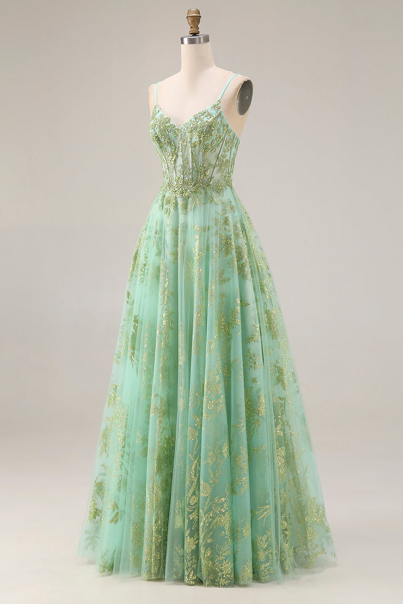 Load image into Gallery viewer, Sparkly Floral Green Corset A Line Spaghetti Straps Long Prom Dress