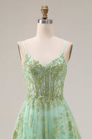 Load image into Gallery viewer, Sparkly Floral Green Corset A Line Spaghetti Straps Long Prom Dress