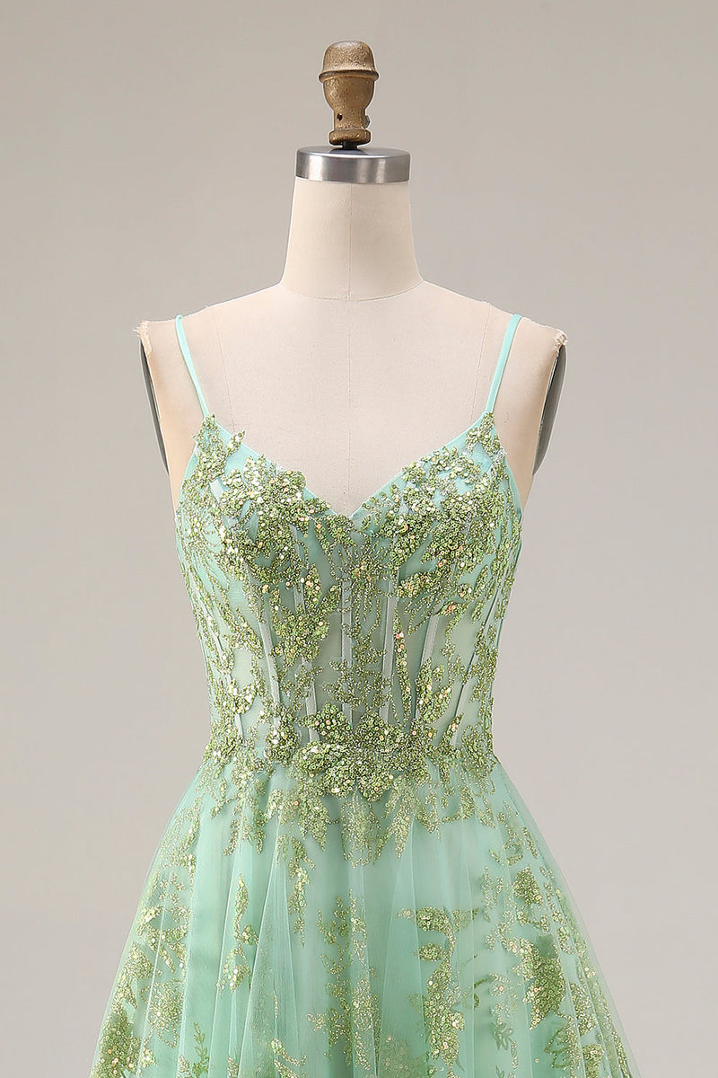 Load image into Gallery viewer, Sparkly Floral Green Corset A Line Spaghetti Straps Long Prom Dress