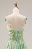 Load image into Gallery viewer, Sparkly Floral Green Corset A Line Spaghetti Straps Long Prom Dress